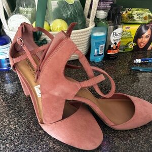 Christian Siriano Rose Pink Suede Strappy Block Heels
